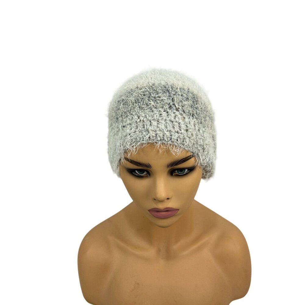 Hand-Knit Adult Beanie Hat Textured Soft Fuzzy Gray White Winter Stretchy Women